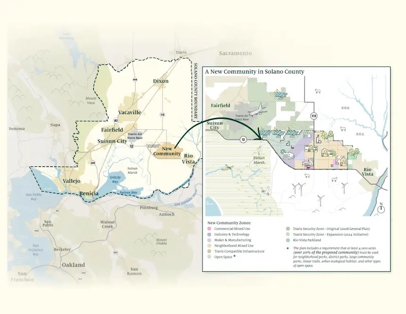 Map of proposed California Forever location in Solano County, California.