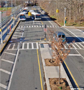 Road with raised median and bus lanes