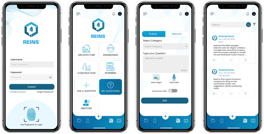 A series of screengrabs showing pages from the REINS app.